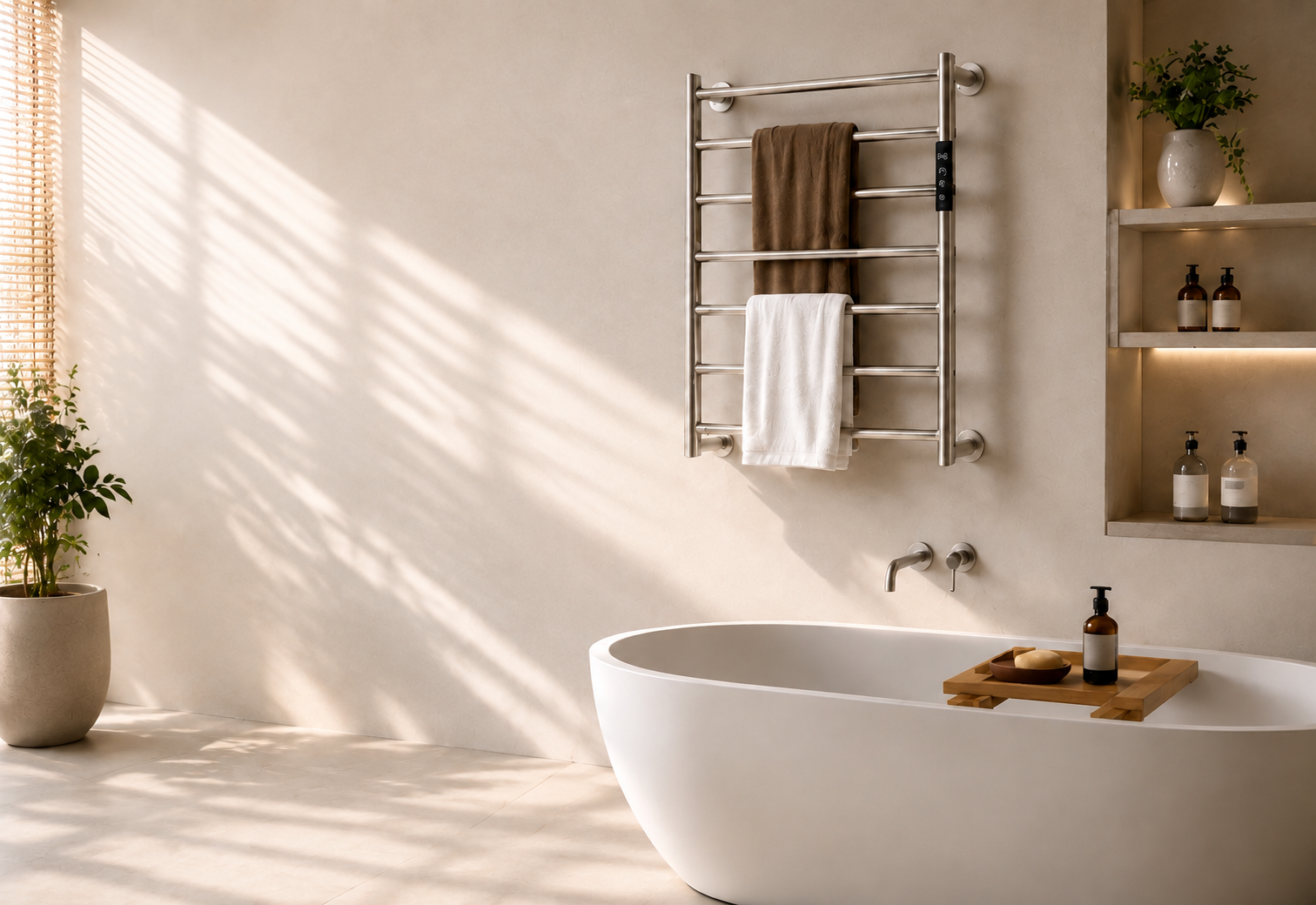 Stainless steel electric towel warmer in a contemporary bathroom